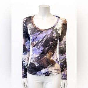 Karen Kane Sheer Top
Size Large
Blue & Black Abstract Print w/ Mini Rhinestones